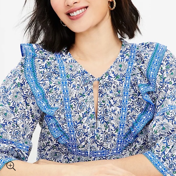 LOFT Ruffle Bib Tie Neck Blouse - Blue - SP - Picture 3 of 10